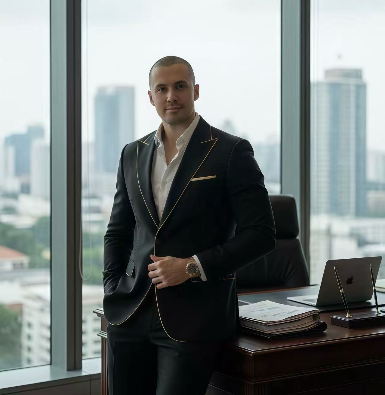 Mikhail Boldyrev in a suit standing confidently in modern office with Bangkok city skyline