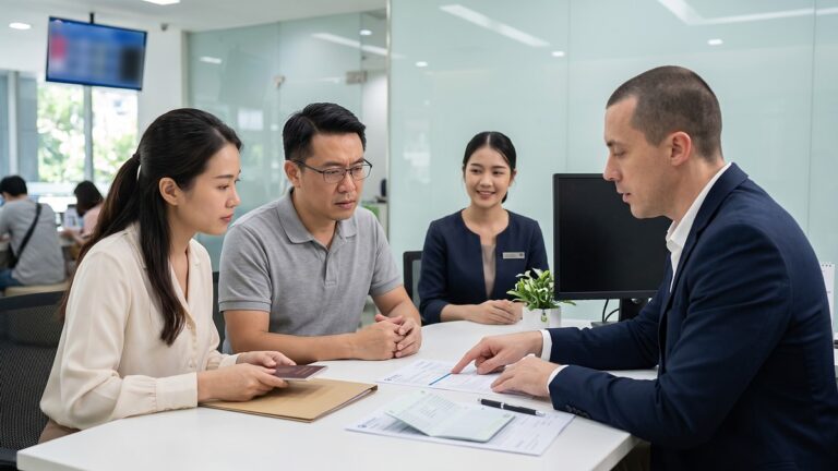 Interpreter helping Chinese clients at a Thai bank in Bangkok