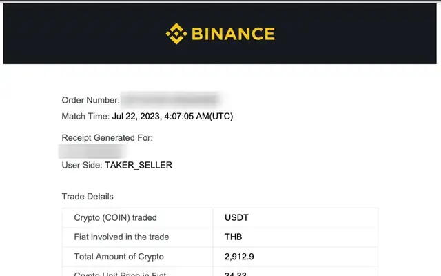 Binance P2P receipt for a USDT sale paid by bank transfer, personal details hidden