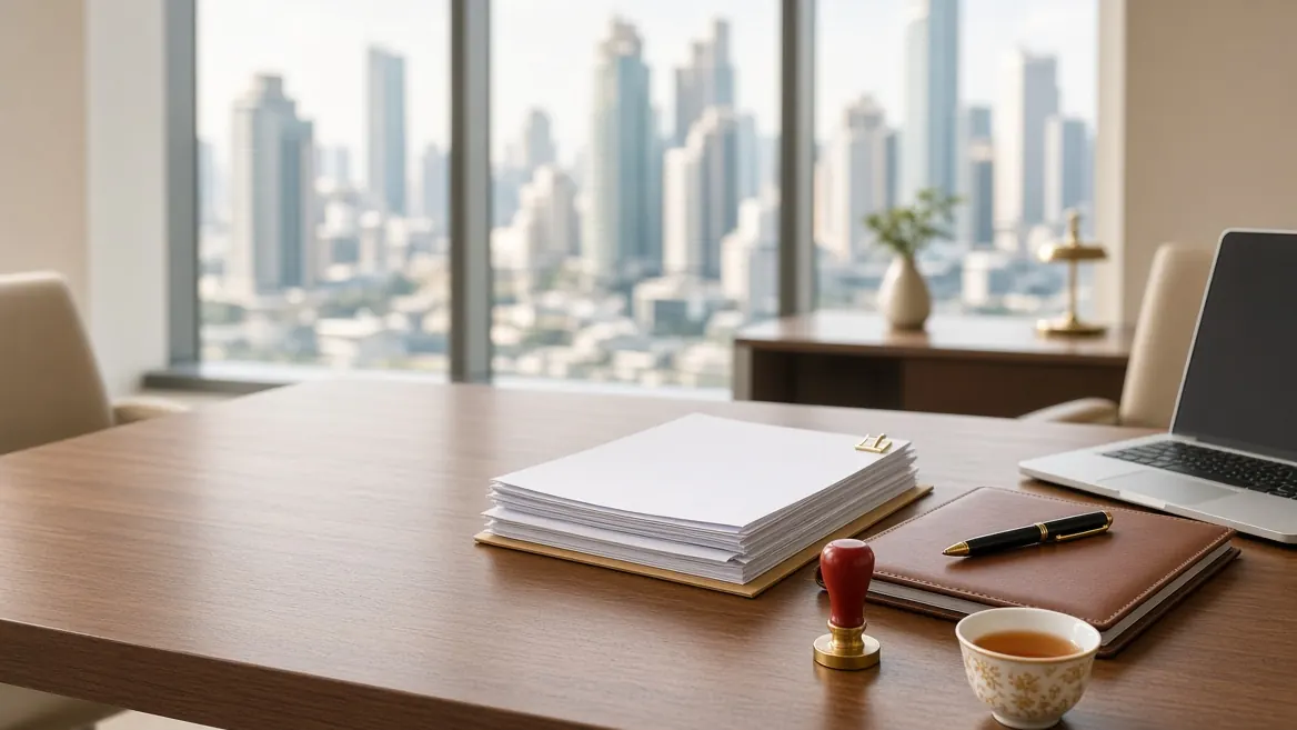 Company documents, a company seal and Chinese tea on a meeting table in a Bangkok office