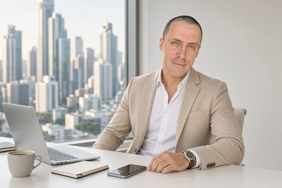 Mike Boldyrev, founder of UnblockPro.Asia, at his desk in a Bangkok office