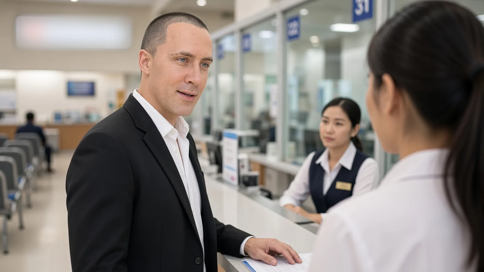 Mike Boldyrev with a client at a Thai bank service counter